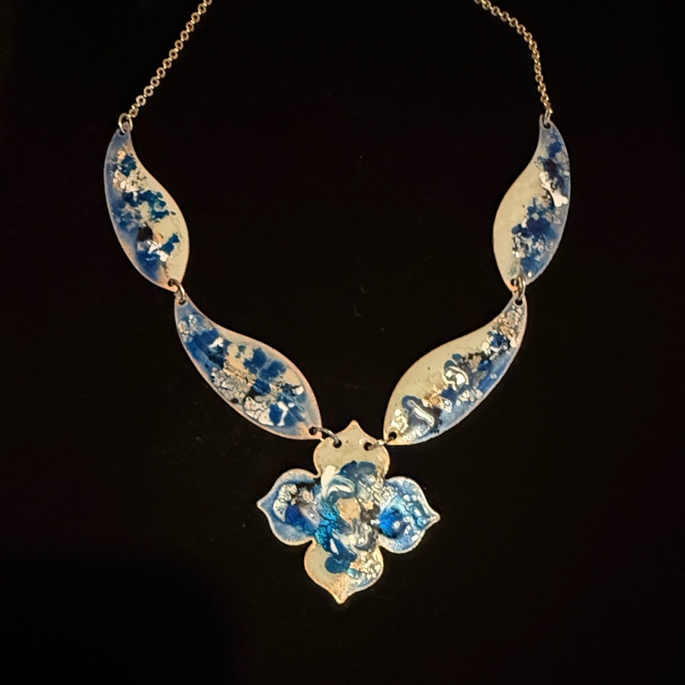 Vintage Blue Floral Enamel Statement Necklace